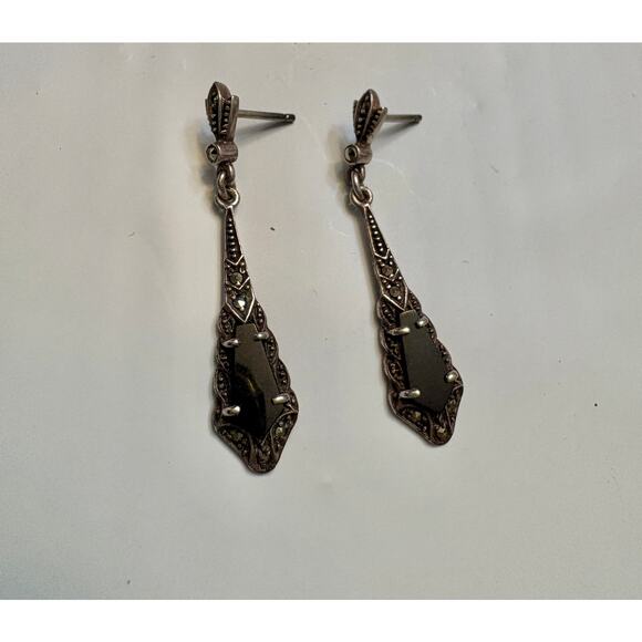 Vintage Sterling Silver Onyx Marcasite Earrings - Picture 2 of 5